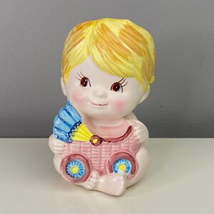 Vintage Child Pink Baby Planter Vase Head Vase Planter Baby Holding Train Pink & Blue Baby Blonde Hair Long Eyelashes image 5