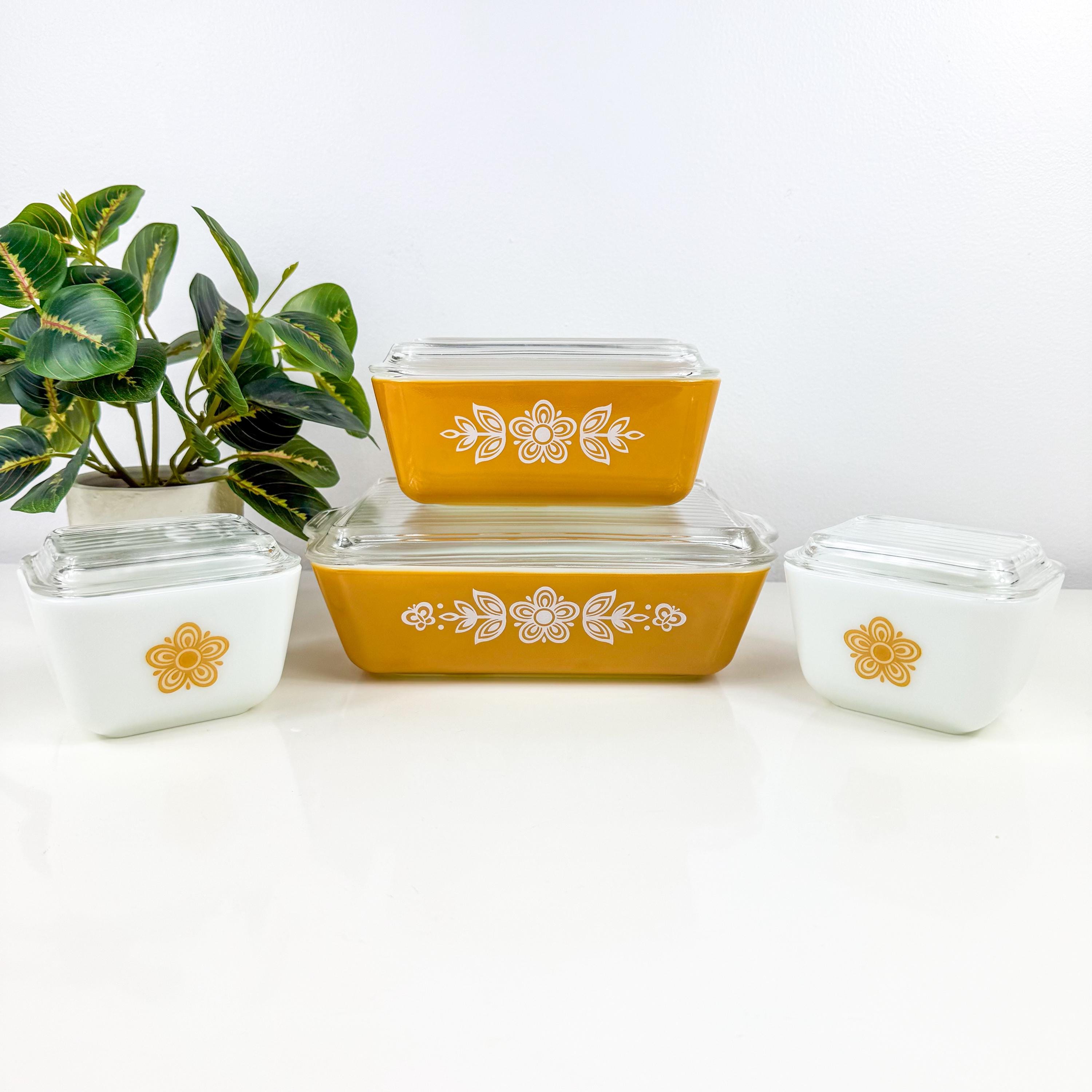 Vintage Pyrex Butterfly Gold Refrigerator Dish 500 Full 8 pc Set, Vintage Pyrex 1970's Retro Orange Flower Pyrex Square Dish 501, 502, 503