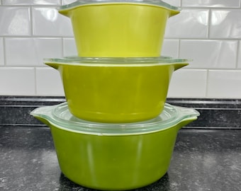 Vintage Pyrex 1960's Verde 3 Pc. Round Casserole Set w/Lids | Pyrex 473, 474, & 475 | 1 Qt, 1.5 Qt, 2.5 QT Old Dishes, Avocado Green Lime