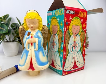 Ángel de la copa del árbol de Navidad Noma, estilo vintage de los años 60, en su caja original. Adorno para árbol de Navidad moldeado por soplado y pintado a mano.