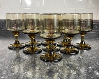 Vintage 1960s Tawny Accent Water or Wine Goblets by Libbey Glass Company, Set of Eight (8), Vintage Smokey Brown Barware, Cocktail Party