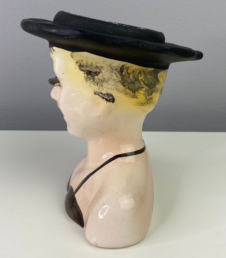 Vintage Lady Head Vase Granja Azul Peruvian Woman Blue Farm head Vase Lady head Planter Black Dress Blonde hair Black Hat Eyelashes image 5