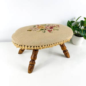 Victorian needlepoint oval footstool, French Countryside, Old Ottoman, Bekins Furniture Stool, Wooden Footstool, Farmhouse Handmade Decor