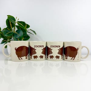 Taylor and Ng Coffee Mug set of 4, 1979 Brown COCHON Mug, Vintage COCHON 1979 Signed by Win Ng Mug, Pig w/Baby Pigs, Made in Japan Brown Hog
