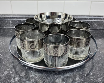 Vintage Culver CUV86 silver 3D rimmed rocks/old fashioned glasses with white frosted stripes, Set of 8 Glasses w/Ice Bucket and Caddy, MCM