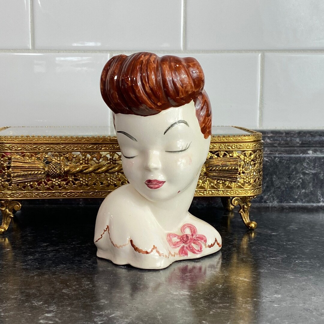 Vintage Lady Head Vase Glamour Girl Style Hand Painted Brown Etsy