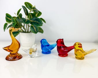 Vintage glazen vogelbeeldje: Viking Amber Duck, Strauss Crystal, Leo Ward Bluebird