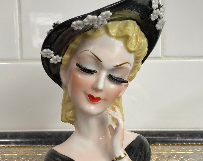 Vintage Lady Head Wall Pocket Vase Large Brim Black Hat Etsy