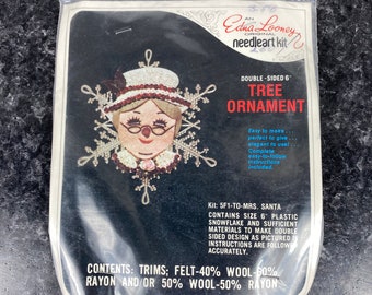 Vintage Edna Looney Original needleart kit, Double-sided 6" Jeweled Tree Ornament, Mrs. Santa Clause Sequin Kitschy Christmas Vintage Decor