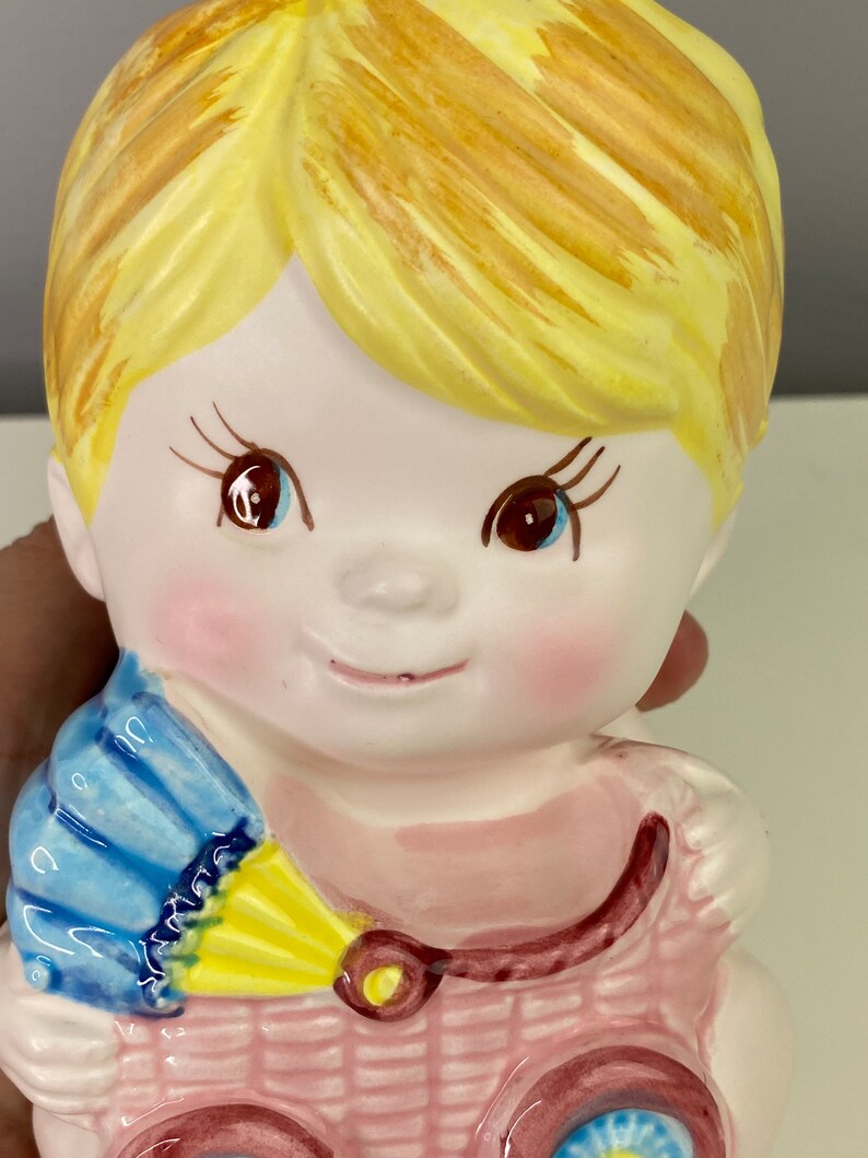 Vintage Child Pink Baby Planter Vase Head Vase Planter Baby Holding Train Pink & Blue Baby Blonde Hair Long Eyelashes image 2