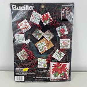 Vintage Bucilla Christmas Ornament Set &quot;Christmas Botanicals&quot; Set of 12 Ornaments, Counted Cross Stitch, Christmas Tree Ornament Kit