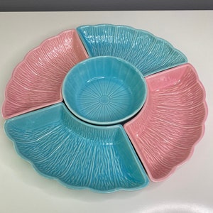MCM Pink & Blue Art Pottery 5 Piece Chip and Dip Set Made in the USA Divided Crescent Serving Dish Veggie Tray Tidbit Snack Dish Vintage image 1