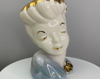 Vintage Lustrecraft 22k Gold Lady Head Vase | Glamour Girls Style Pinup Art Deco Lady head | Hollywood Regency Blue Gold Lady Head Planter
