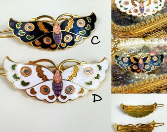 Vintage Enamel Butterfly Barrettes Pair Gold Tone Hair Clips Cloisonne Style‎ Cloisonne barrettes vintage gold - Gem main image 4