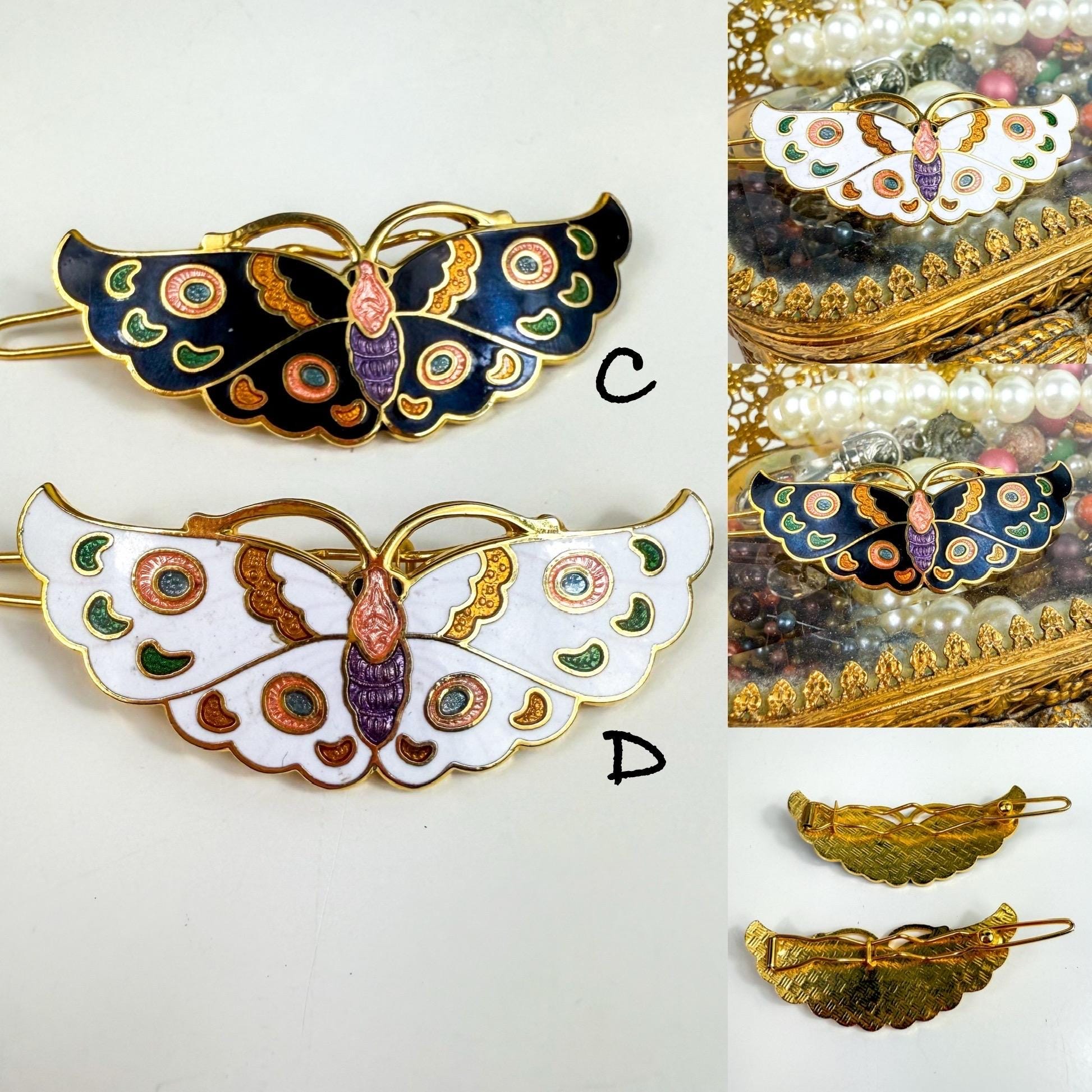 Vintage Cloisonné Butterfly Barrette Vintage Cloisonne Hair Barrette: Enamel Butterfly & Floral  main image 2