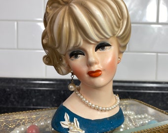 Vintage Lady Head Vase, Napcoware Japan C7472 Lady Head Vase, Napcoware Matte Blue Dress, Ceramic Head Vase Planter, Pearl necklace Big Hair