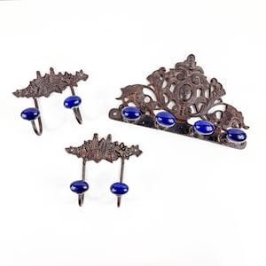 Vintage Cast Iron Wall Hook Set: Blue Porcelain Knobs, Farmhouse Decor