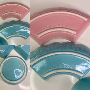 MCM Pink & Blue Art Pottery 5 Piece Chip and Dip Set Made in the USA Divided Crescent Serving Dish Veggie Tray Tidbit Snack Dish Vintage image 7