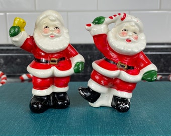 Vintage Santa Salt and Pepper Shakers: Bell Ringer & Candy Cane, Japan