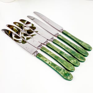 Puede incluir: Juego de seis cuchillos de cena de acero inoxidable con mangos de plástico verde marmoleado. Los mangos tienen un diseño floral.