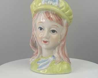Vintage Lady Head Vase | Hand Painted Nippon Lady head Planter | Yellow Bonnet Hat Blue Bow Red Hair Hand Painted Ceramic Art Pottery Vase