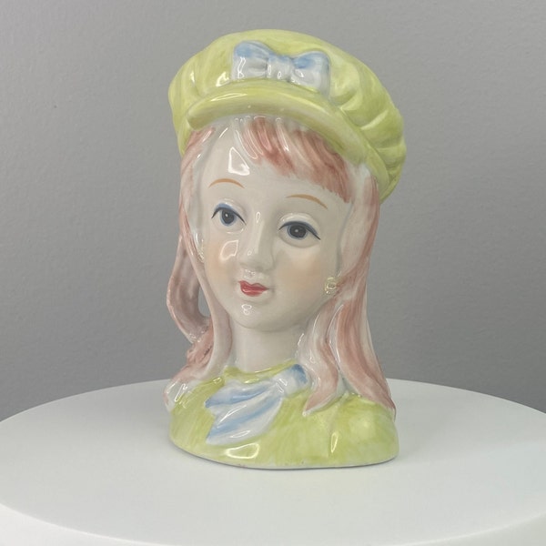 Vintage Lady Head Vase | Hand Painted Nippon Lady head Planter | Yellow Bonnet Hat Blue Bow Red Hair Hand Painted Ceramic Art Pottery Vase