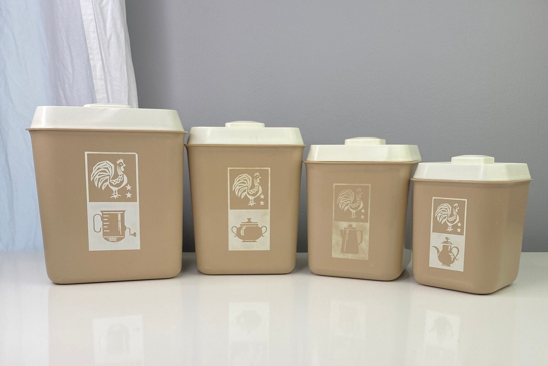 Vintage Plastic 4 Canister Set Flour Sugar Coffee Tea Brown Beige Nesting  MCM