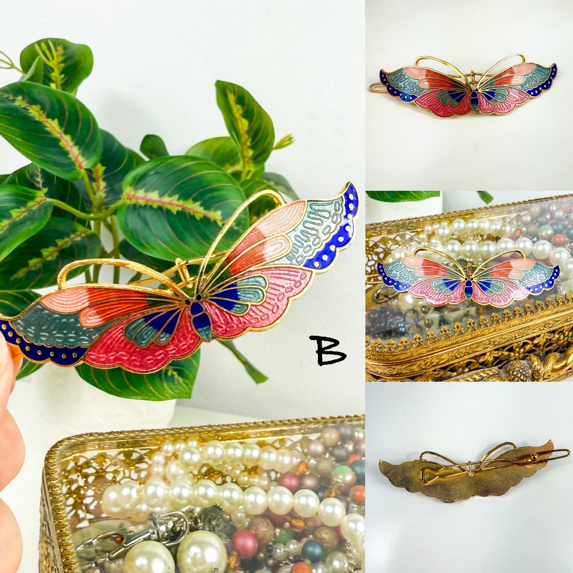 Vintage Cloisonné Butterfly Barrette Vintage Cloisonne Hair Barrette: Enamel Butterfly & Floral  main image 4
