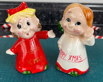 Vintage Kreiss Merry X'Mas Lil Rascal Angel Salt & Pepper Shakers, Kitschy Christmas, Holiday Collectible Ceramic Figurines, Kids Christmas