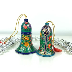 Vintage Lacquer Kashmiri Art Hand Painted Ringing Bell, Bohemian Decor Paper Mache Artistic Bell, Christmas Tree Ornament, Floral Wood Bells