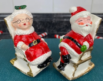 Vintage Santa And Mrs Claus Salt & Pepper Shakers, Enesco Japan Ceramic Set, Sitting In Rocking Chairs, Christmas Kitsch, Holiday Kitchen