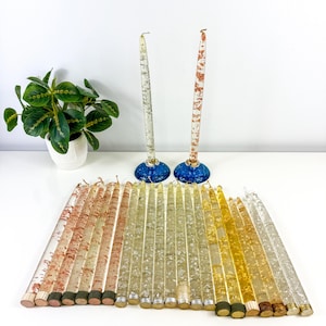 Vintage MCM Lucite Plastic Glitter Taper Candles, Sold Individually, Gold Silver Copper Yellow Clear Glitter Retro No Burn Candle Home Decor
