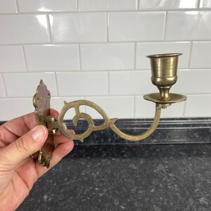 Pair Vintage Brass Piano Candelabra, Set Piano Candle Holders, Brass Candle wall sconce, Etched floral Wall Sconce, Swing Arm Candle Holder image 2