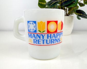 Taza de café vintage de McDonald's: Vaso de leche Anchor Hocking de 1982, diseño de copo de nieve y tulipán.