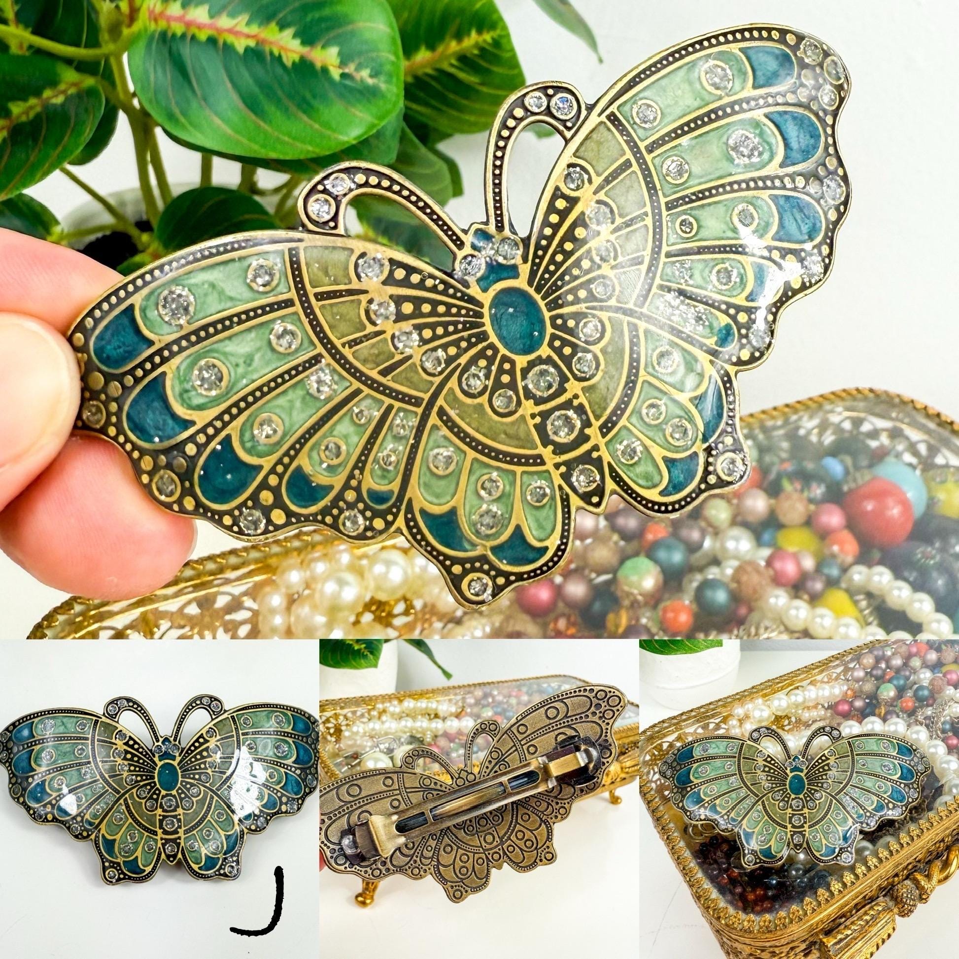 Vintage Cloisonne Hair Barrette: Enamel Butterfly & Floral 