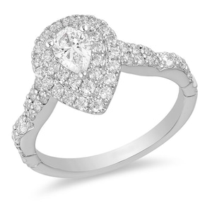 Enchanted Disney Ariel, 1.5 TCW Pear And Round Cut Simulated Diamond Engagement Ring, Double Halo Engagement Ring, Double Frame Engagement