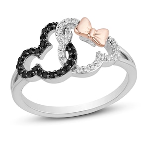 Disney Treasure Mickey & Minnie Mouse Ring, 0.25 Black And White Simulated Diamond Ring, Two Tone Ring, 925 Sterling Silver Ring