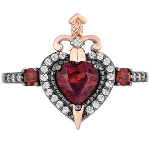 Enchanted Disney Villains Ring | Garnet Diamond Evil Queen Heart Sword Ring | 14k Rose Gold & Black Rhodium Plated Ring | 925 Serling Silver