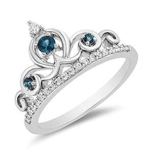 Enchanted Disney Cinderella Round London Blue Topaz Ring, 1/6 Ct Simulated Diamond Engagement Ring, Cinderella Tiara Crown Silver Ring