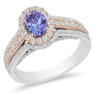 Enchanted Disney Ariel Oval Tanzanite Ring, 1.4 TCW Simulated Diamond Double Frame Engagement Ring, Two Tone Ring, Enchanted Disney Collecti