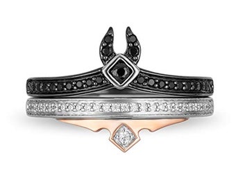 Enchanted Disney Ring, Fine Jewelry, Sterling Silver and Rose Gold Platted 1/4CTTW White & Black Simulated Diamond Ring, Aurora Duo Set Ring