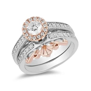 Enchanted Disney Fine Jewelry Round Brilliant Cut Stone Ariel Engagement Rings in Two-Tone Sterling Silver Disney Bridal Set Wedding Bands