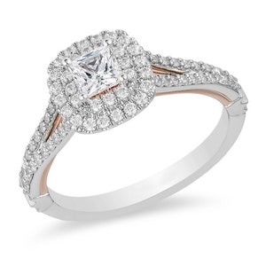 Disney Enchanted, Disney Belle Ring, Princess Cut With Round Dual Halo Simulated Diamond Ring, Two Tone Enchanted Rose Ring