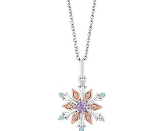 Enchanted Disney Sterling Silver 1.0 CT Stone with Swiss Blue Topaz and Rose defrance Elsa Snowflake Pendant Necklace