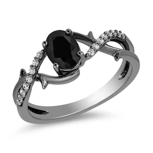 Enchanted Disney Ring, Vivacious Villains Black Oval Ring, Maleficent Engagement Ring, Crossover Shank Ring, Sterling Silver Black Rhodium