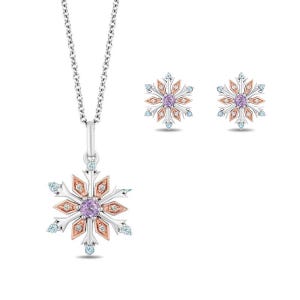 Verzauberte Disney Sterling Silber 1,0 CT Stein mit Schweizer Blautopas und Rose von France Elsa Schneeflocke Anhänger Halskette & Ohrringe Set kombiniert