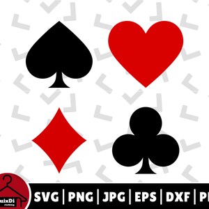 Playing Card Suits SVG Bundle, Spades Diamonds Clubs Hearts CnC File Silhouette - Cricut - Instant Download | Transparent png, dxf, eps, pdf