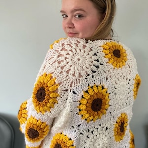 Oversized Crochet Sunflower Cargian, cottage core cardigan