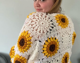 Oversized Crochet Sunflower Cargian, cottage core cardigan