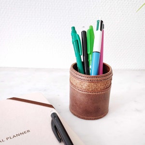 Leather pen cup with marine leather detail - pen holder - desk organizer / desk accessory